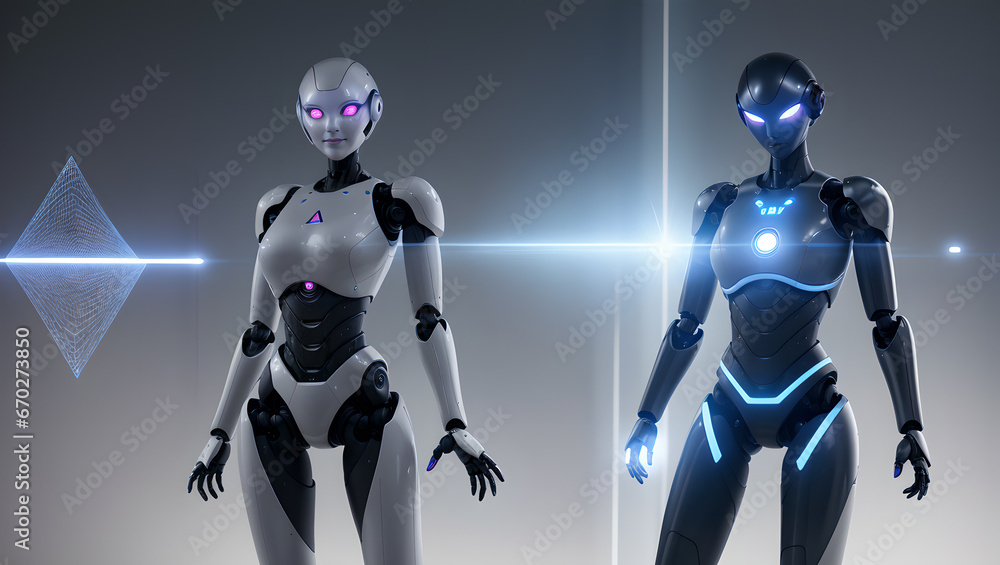 A futuristic humanoid AI robot with holographic screens, data analytics, machine learning, and digital interaction. Technology, innovation, and artificial intelligence concept. Blurred futuristic back