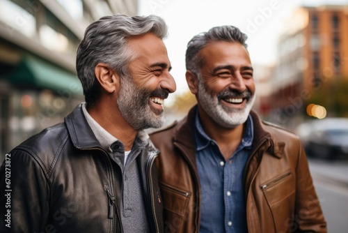gay couple happy expression outdoors in a city. ai generated