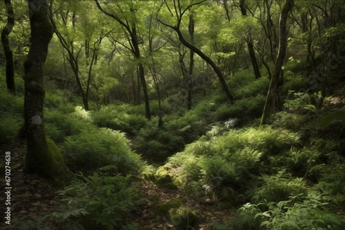 dense lush forest in a secluded area. Generative AI