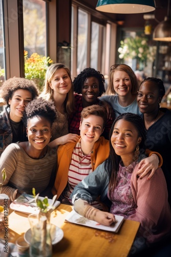 Portrait of group of diverse young people sitting in cafe and smiling