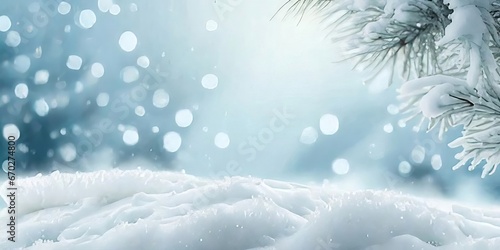 Winter Whimsy: Beautiful Spruce Branches with Frost, Pure Snow Drifts, Bokeh Christmas Lights, Text Space. © WhimsyWorks