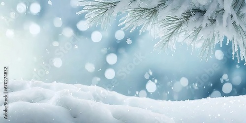 Magical Snowy Scene: Frosty Spruce, Small Snow Drifts, Christmas Bokeh Lights, Space for Custom Text. © WhimsyWorks