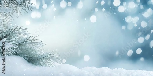 Lovely Snowy Background: Frosted Spruce Branches, Small Snow Drifts, Bokeh Christmas Lights, Copy Space. © WhimsyWorks