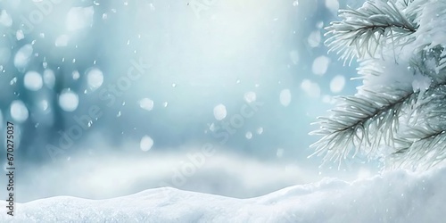 Beautiful Frosty Spruce Background: Winter Wonderland with Delicate Snow Drifts, Christmas Bokeh, and Room for Text.