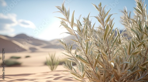 Silverleaf Sage in a desert oasis, with sand dunes in the background.