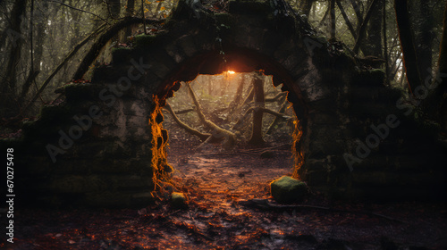 An ancient stone arch nestled within a forest, serving as a mystical gateway to a land of fantasy © Pillow Productions