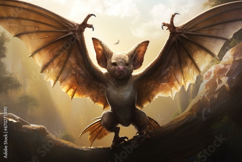 A winged mammal with wide wingspan and bulky physique. Generative AI photo