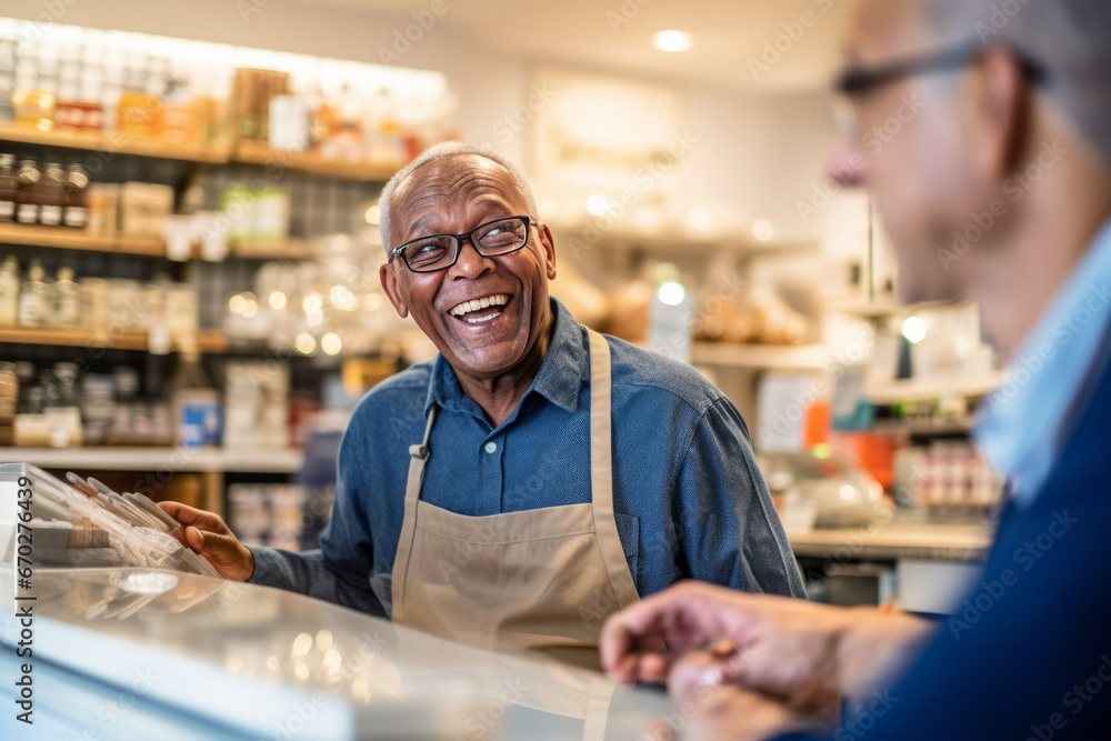 a store clerk at the counter talking to a customer, smiling, happy, worker.