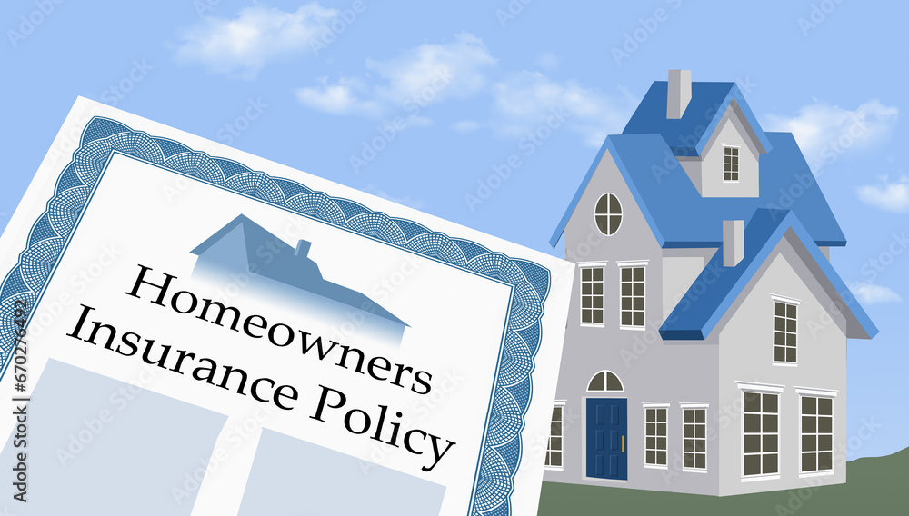 A homeowners insurance policy is seen with a home in the background in a 3-d illustration.