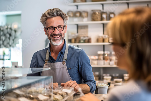 Foto a store clerk at the counter talking to a customer, smiling, happy, worker