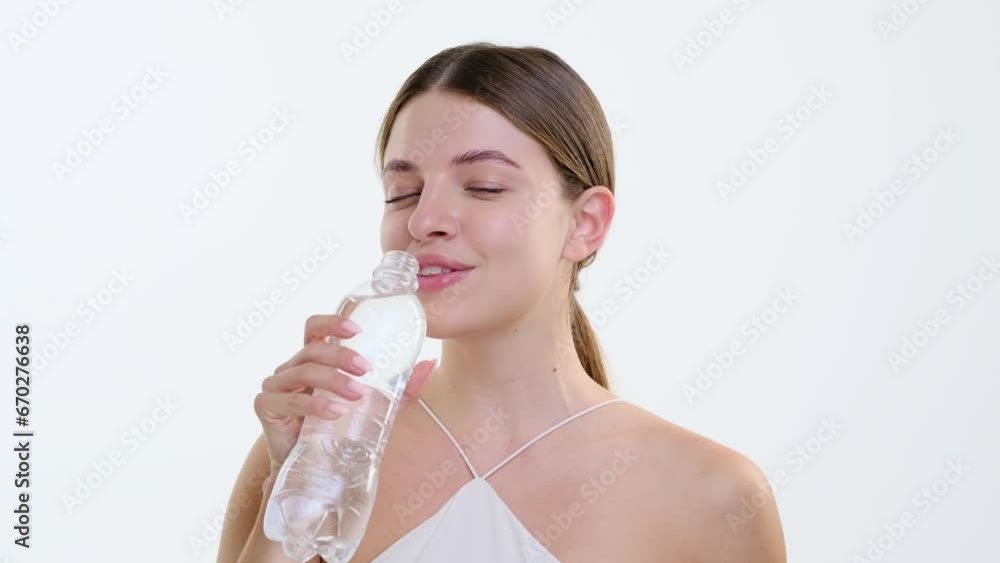 Joyful woman of Caucasian descent smiles as she effortlessly opens a water bottle and takes a refreshing sip. Happiness radiates against the white background, capturing a moment of pure delight. Joyful woman of Caucasian descent smiles as she effortlessly opens a water bottle and takes a refreshing sip. Happiness radiates against the white background, capturing a moment of pure delight.