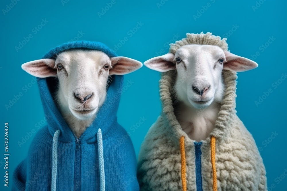 Obraz premium Perfect sheep with lots of wool, wearing blue hoodies
