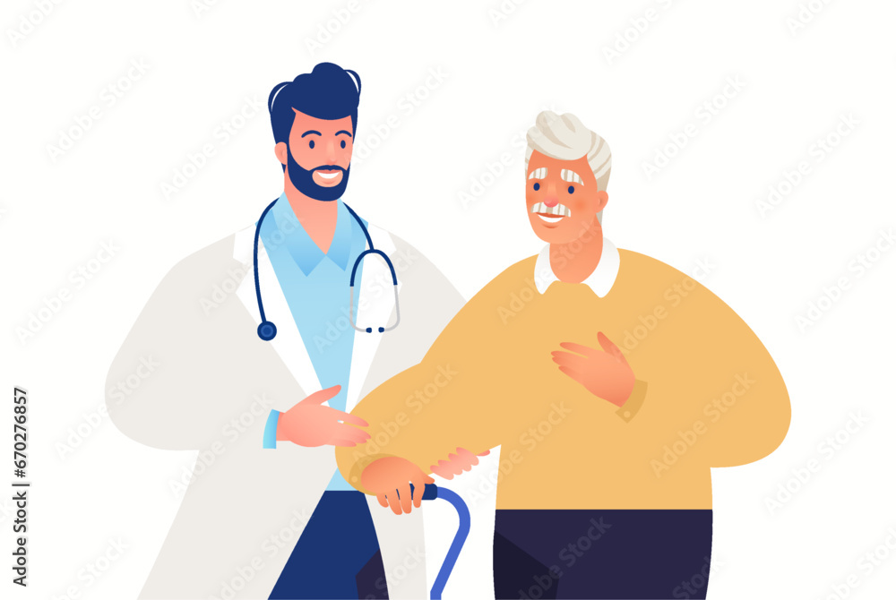 Medical care and health plan for seniors concept. Doctor taking care of elderly man. Vector flat cartoon illustration. Medical care and health plan for seniors concept. Doctor taking care of elderly man. Vector flat cartoon illustration.
