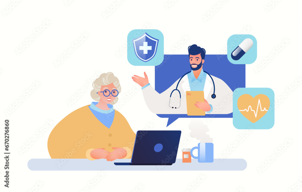 Medical care and health plan for seniors concept. Senior woman seeking medical advice with doctor using laptop computer app. Vector flat cartoon illustration. Medical care and health plan for seniors concept. Senior woman seeking medical advice with doctor using laptop computer app. Vector flat cartoon illustration.