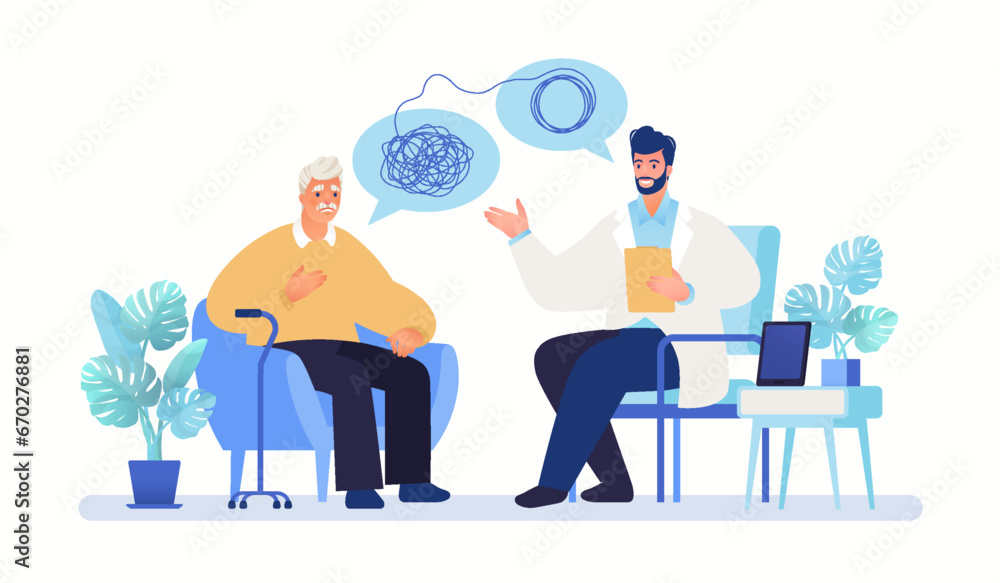 Medical care and health plan for seniors concept. Sad elderly man talking with psychiatrist. Vector flat cartoon illustration. - obrazy, fototapety, plakaty 