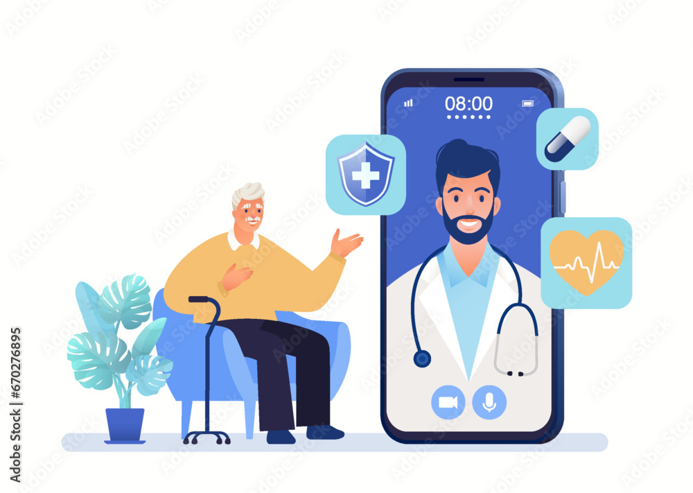 Medical care and health plan for seniors concept. Senior men seeking medical advice with doctor using smartphone app. Vector flat cartoon illustration.