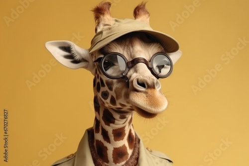 portrait of happy giraffe wearing glasses