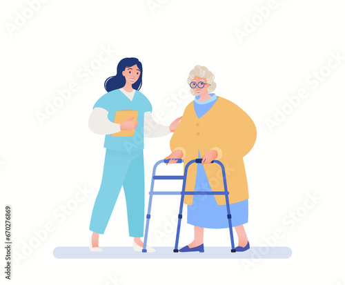 Medical care and health plan for seniors concept. Nurse or healthcare worker taking care of elderly woman. Vector flat cartoon illustration.