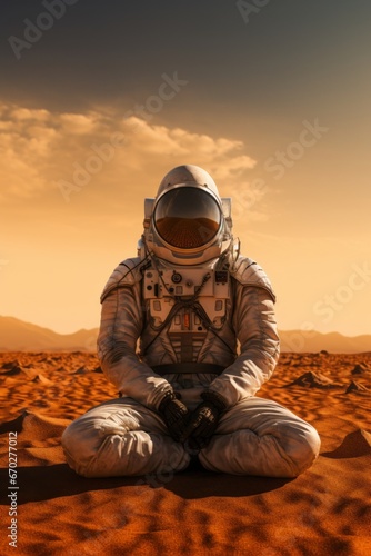 Minimal concept made of astronaut meditating in a middle of the desert photo