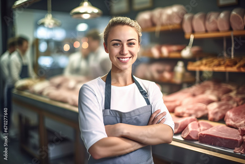 A happy female butcher standing with arms crossed in modern meat shop.generative ai photo