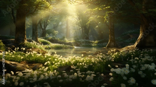 Sunlight filtering through the branches of a tranquil forest  highlighting the beauty of Serenity Blossoms in bloom.