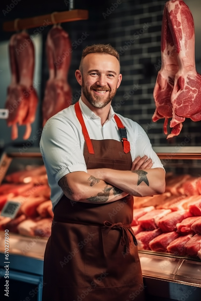 A happy male butcher standing with arms crossed in modern meat shop.