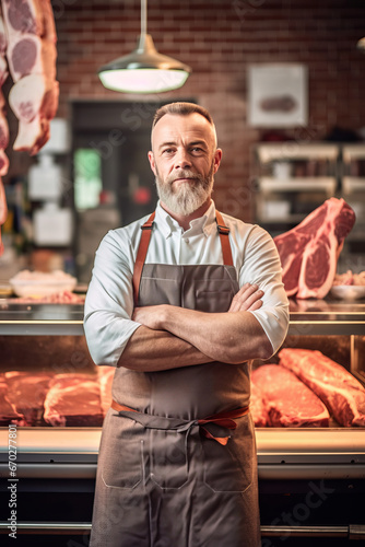 A happy male butcher standing with arms crossed in modern meat shop.generative ai