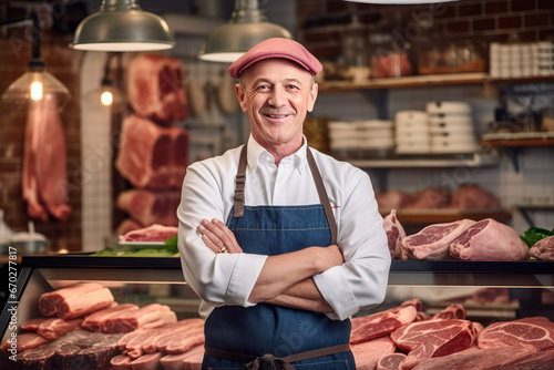 A happy male butcher standing with arms crossed in modern meat shop.