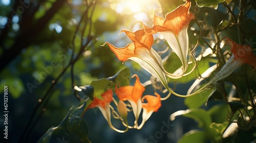 Sunlight filtering through the heart-shaped leaves of an Angel's Trumpet Vine, creating a mesmerizing play of light and shadows in