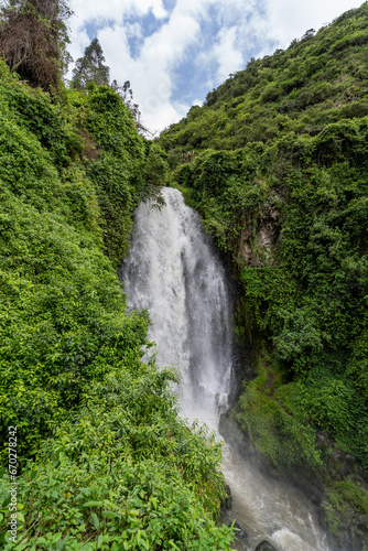A picturesque waterfall in the forests of Ecuador on the outskirts of the city of Otavalo.