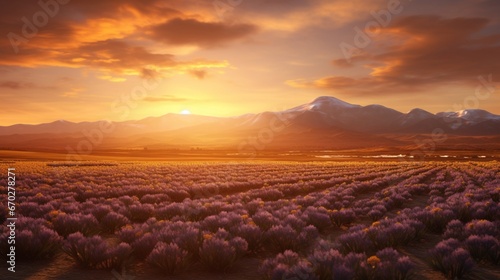 Sunlit saffron fields stretching to the horizon, with the sun setting behind the mountains, casting a warm, golden hue.