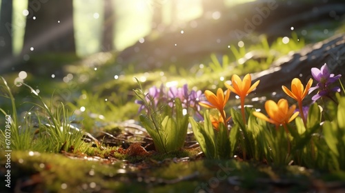 Sunlit saffron flowers adorning a lush forest floor, creating a magical and vibrant woodland scene. photo