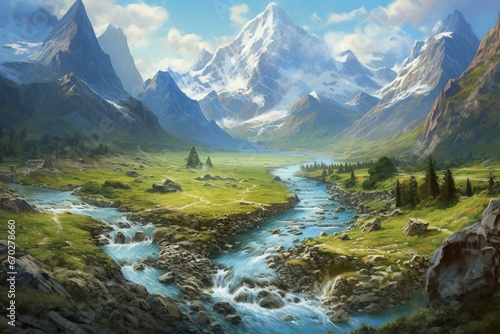 A scenic artwork depicting a mountainous terrain and a flowing stream. Generative AI