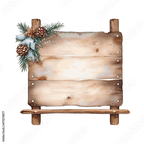 Wooden sign board with Christmas decor for greeting card design watercolor paint on white