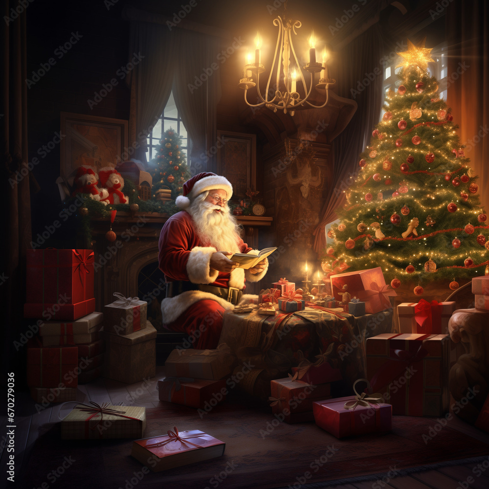 Kartka na Boże Narodzenie, Święty Mikołaj pakujący prezenty przy choince. AI generative - obrazy, fototapety, plakaty 
