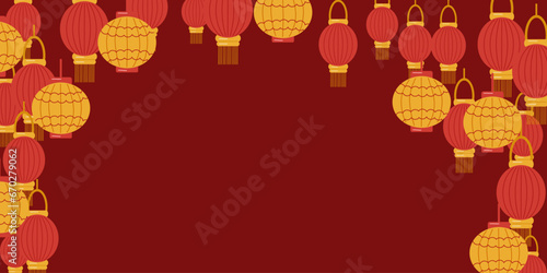 Background of Chinese lanterns. Yellow and red lanterns on a red background. Chinese New Year. Design website, banner, poster. Color vector illustration.