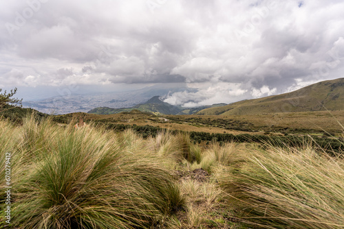 Beautiful view of the volcanoes from the top of the Pichincha volcano in the capital of Ecuador in the city of Quito.