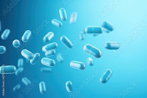 Floating Capsules and Pills on Blue Background
