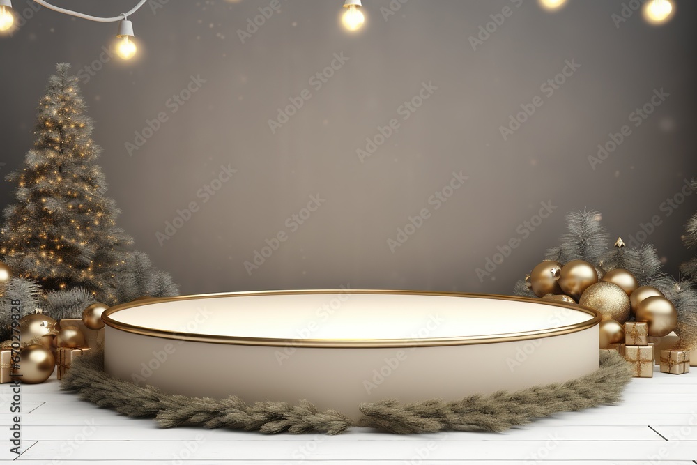 Elegant Christmas Display with Frosted Garland, Gold Baubles, and White Pedestal Elegant Christmas Display with Frosted Garland, Gold Baubles, and White Pedestal