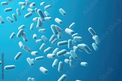 Floating Capsules and Pills on Blue Background