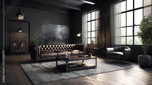Black living room interior with leather sofa, minimalist industrial style, 3d render. Decor concept. Real estate concept. Art concept.