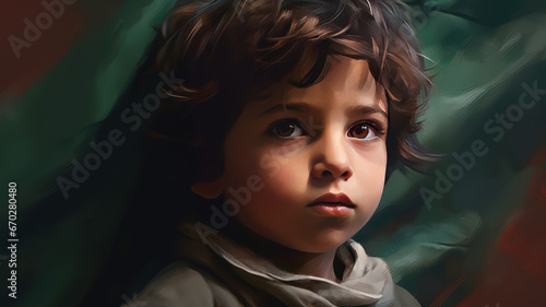 illustration of a ragged child background a Palestinian flag portrait.generative ai photo