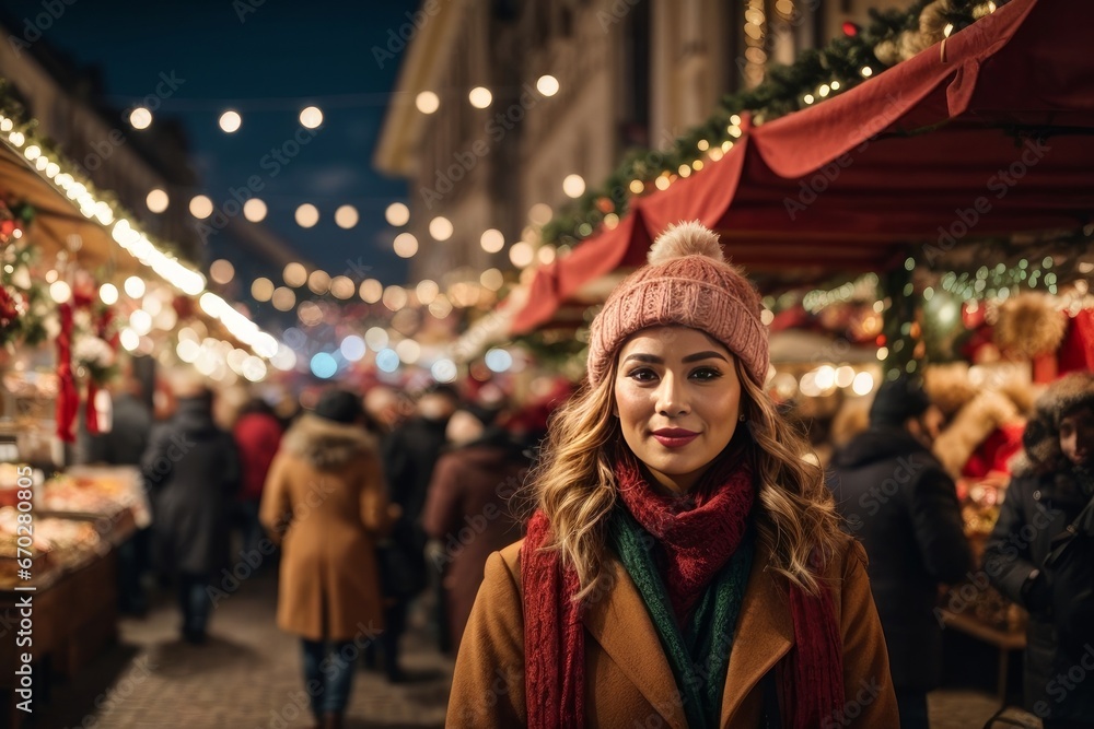 A young woman stands in front of a Christmas scene in a festive market with colorful lights and decorations. Her face is blurred, giving it a touch of mystery and magic. The atmosphere is cheerful and