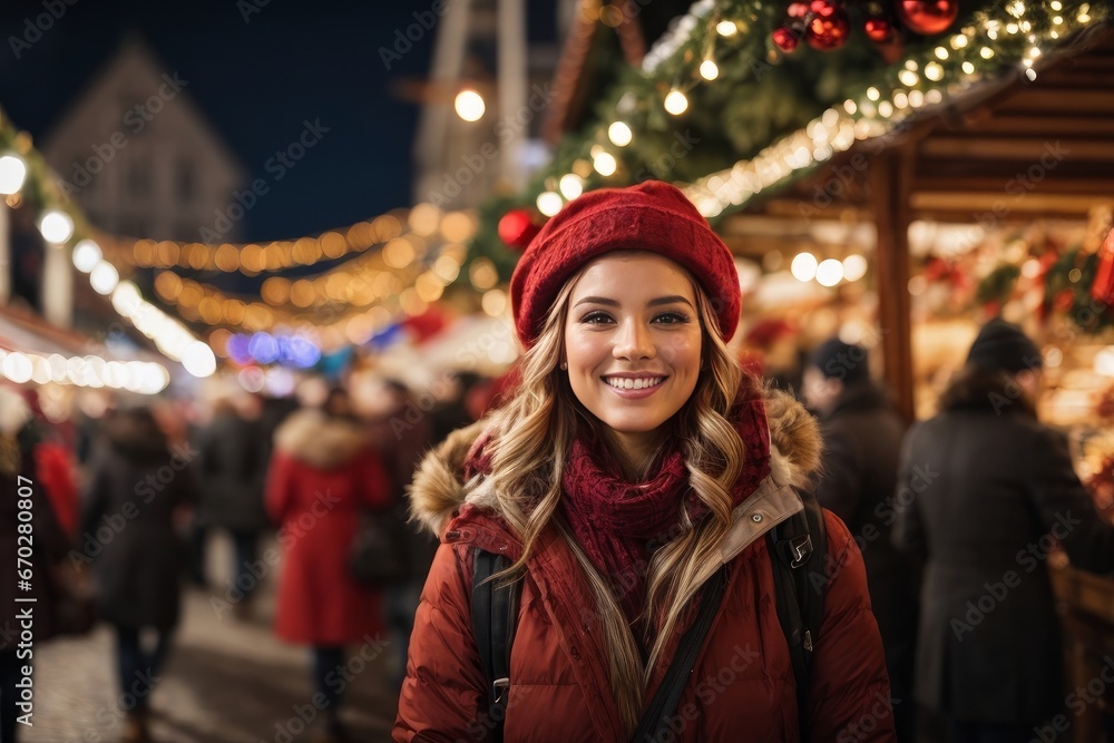 Portrait of a young woman at the Christmas market with lights and decorations that give it a magic. The atmosphere is cheerful and welcoming, inviting you to enjoy tradition and the Christmas spirit. Portrait of a young woman at the Christmas market with lights and decorations that give it a magic. The atmosphere is cheerful and welcoming, inviting you to enjoy tradition and the Christmas spirit.