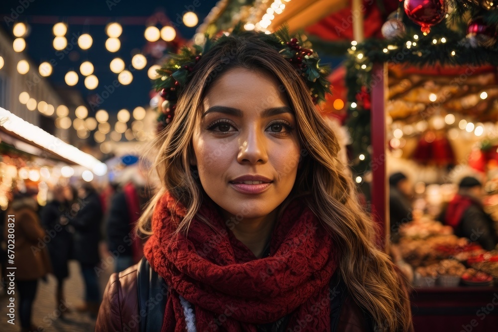 Portrait of a young woman at the Christmas market with lights and decorations that give it a magic. The atmosphere is cheerful and welcoming, inviting you to enjoy tradition and the Christmas spirit. Portrait of a young woman at the Christmas market with lights and decorations that give it a magic. The atmosphere is cheerful and welcoming, inviting you to enjoy tradition and the Christmas spirit.