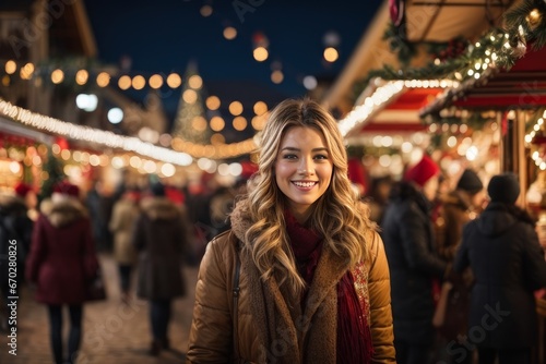 Portrait of a young woman at the Christmas market with lights and decorations that give it a magic. The atmosphere is cheerful and welcoming, inviting you to enjoy tradition and the Christmas spirit.