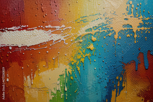 Detailed view of a vibrant and textured abstract painting, featuring bold oil brushstrokes and palette knife techniques on canvas - An artistic backdrop illustration