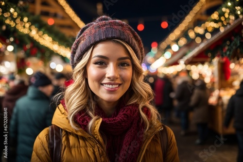 Portrait of a young woman at the Christmas market with lights and decorations that give it a magic. The atmosphere is cheerful and welcoming, inviting you to enjoy tradition and the Christmas spirit. © sebas