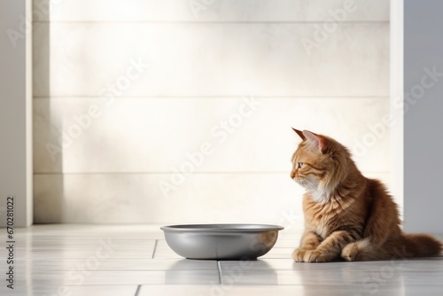  minimalist room with a light floor is graced by a little ginger kitten seated near an iron food bowl. © Anna