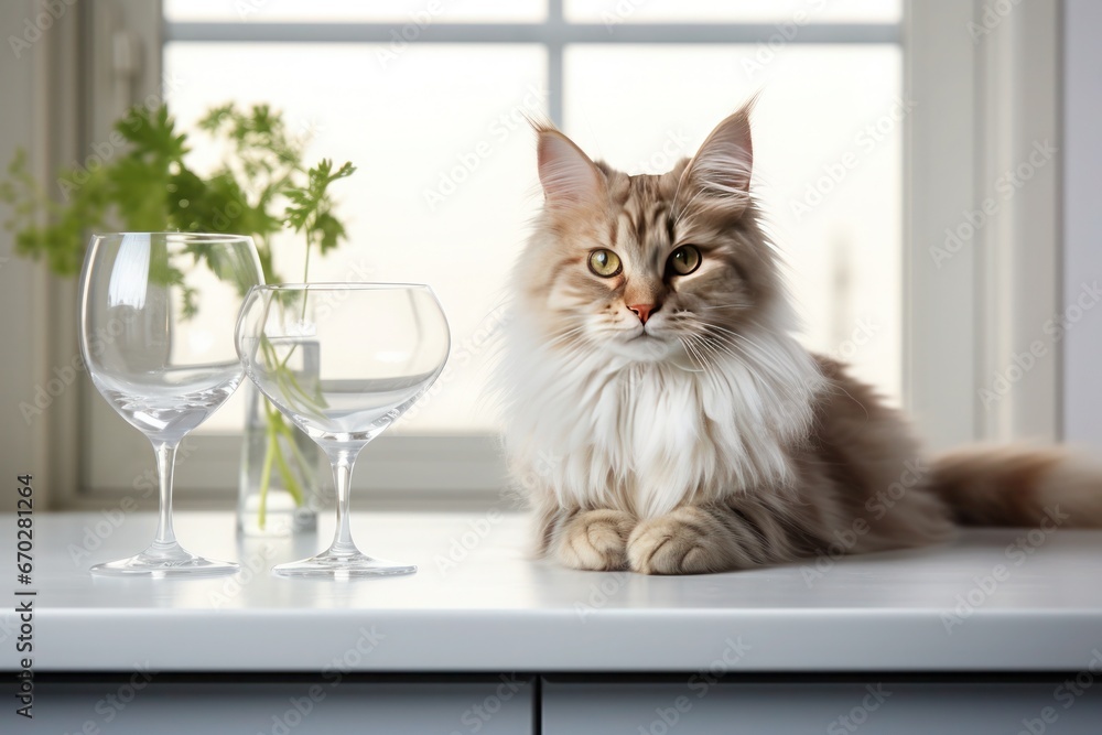  light-colored cat with gray fur accents sits on the windowsill next to glasses and a vase with plants.
